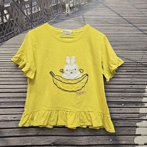 Velour Bunny Embroidered Banana Ruffle Sleeve Peplum Boxy Stretch Top Large